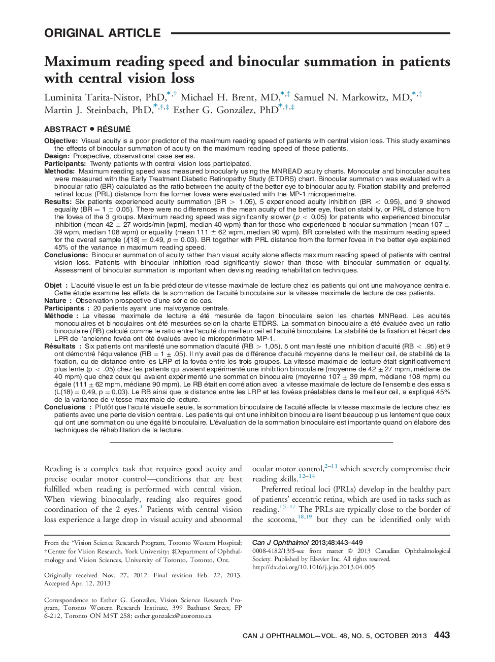 Maximum reading speed and binocular summation in patients with central vision loss