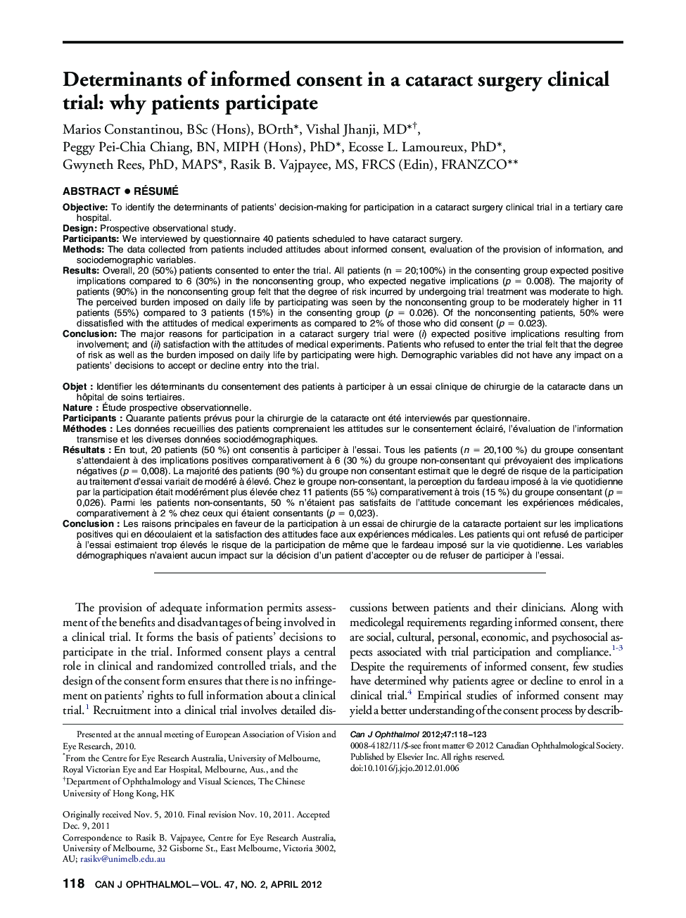Determinants of informed consent in a cataract surgery clinical trial: why patients participate