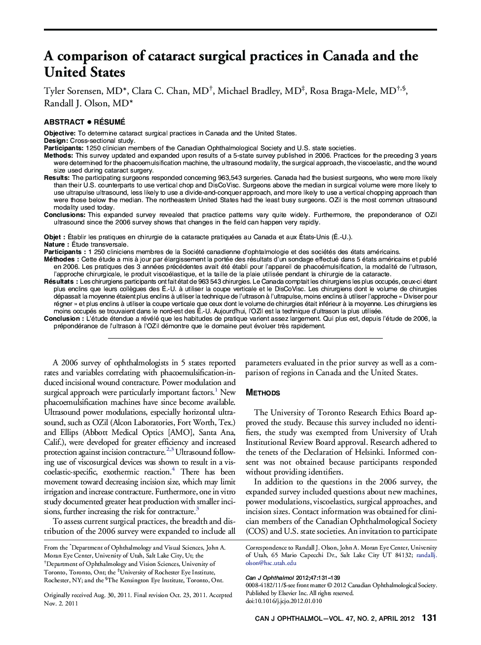 A comparison of cataract surgical practices in Canada and the United States