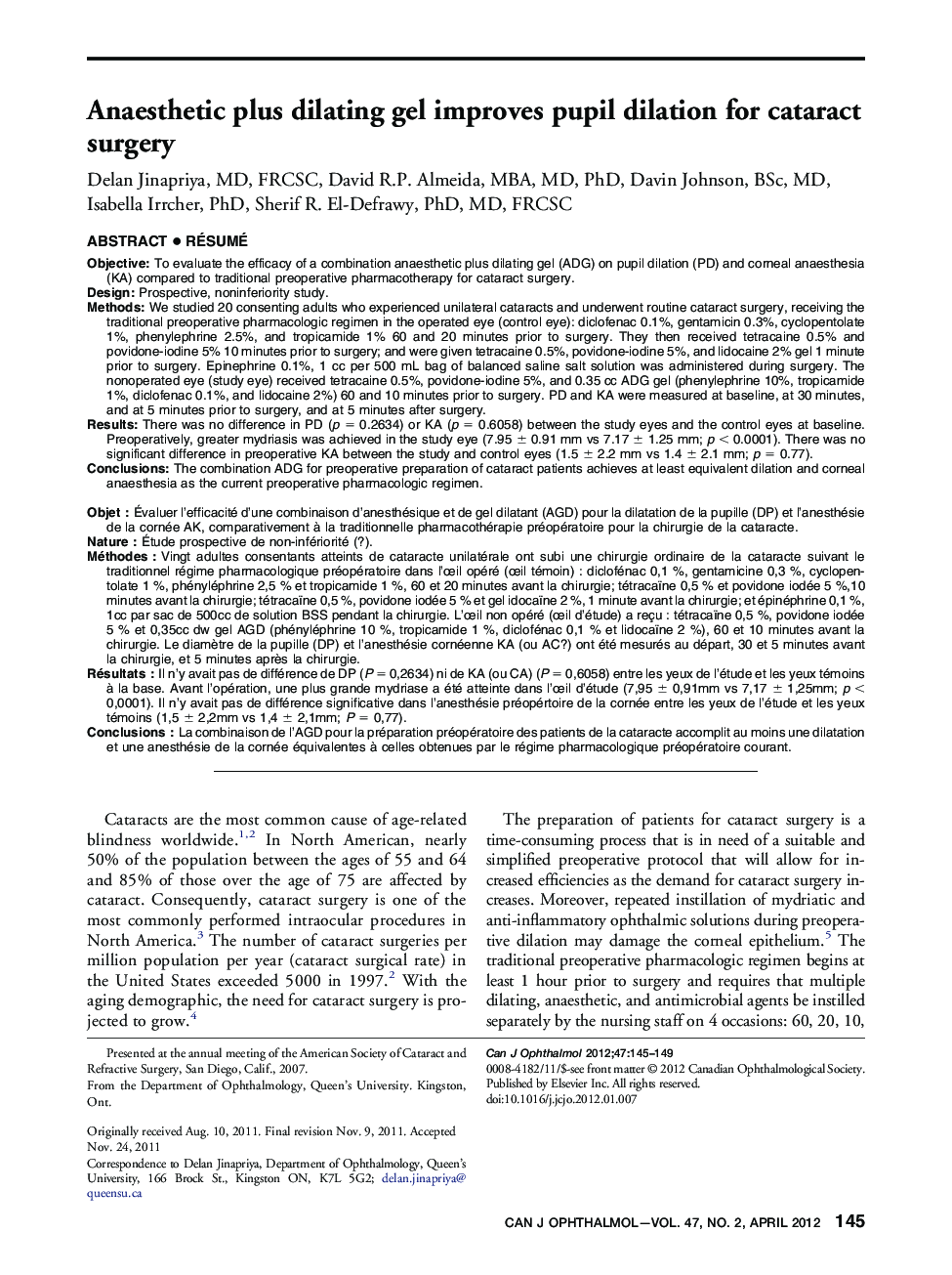 Anaesthetic plus dilating gel improves pupil dilation for cataract surgery