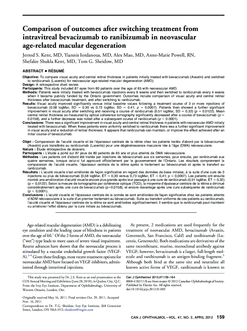 Comparison of outcomes after switching treatment from intravitreal bevacizumab to ranibizumab in neovascular age-related macular degeneration