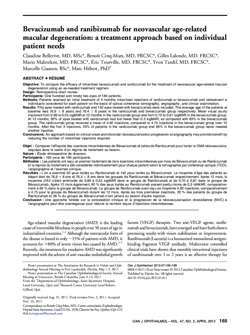 Bevacizumab and ranibizumab for neovascular age-related macular degeneration: a treatment approach based on individual patient needs