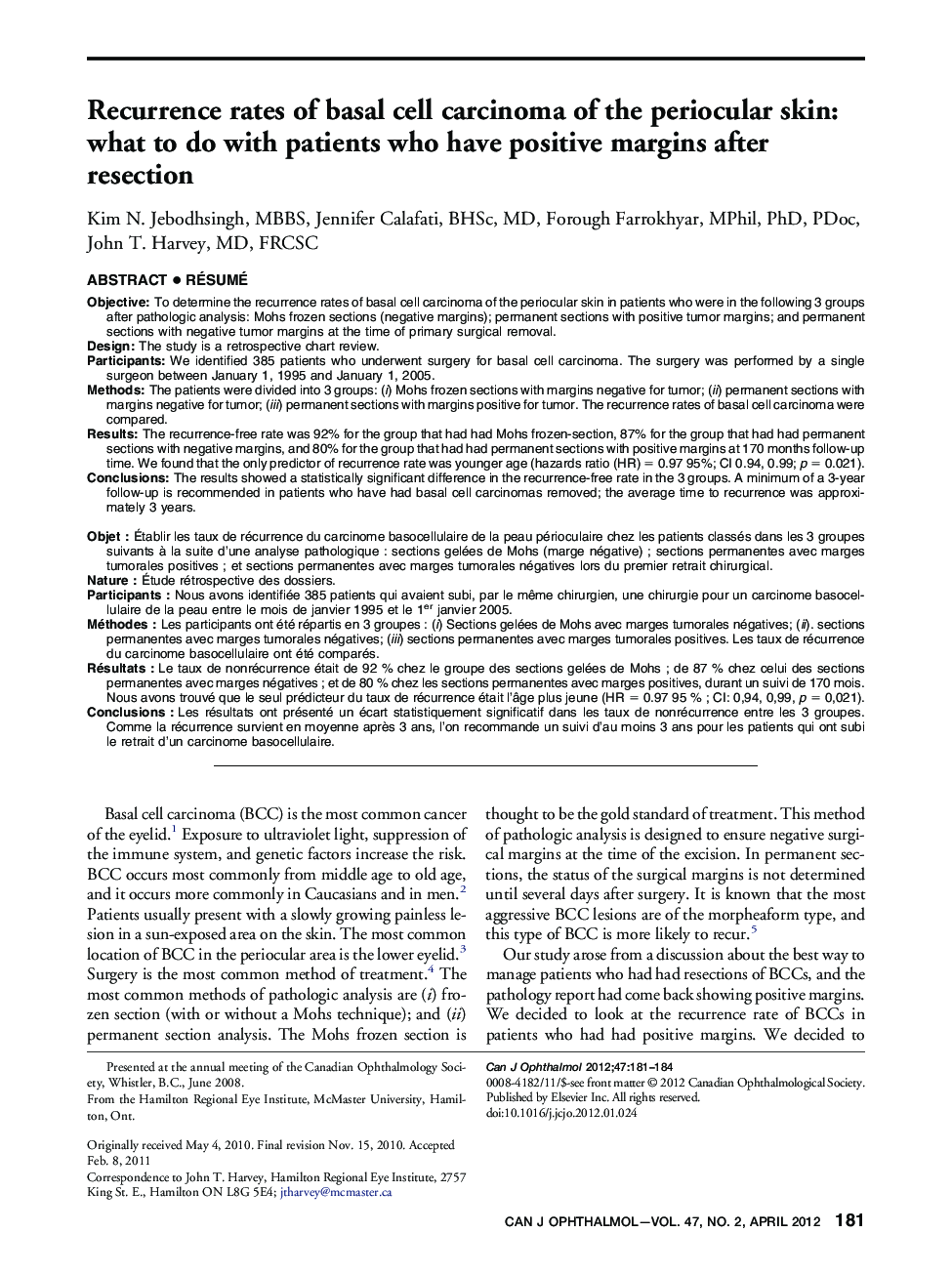 Recurrence rates of basal cell carcinoma of the periocular skin: what to do with patients who have positive margins after resection