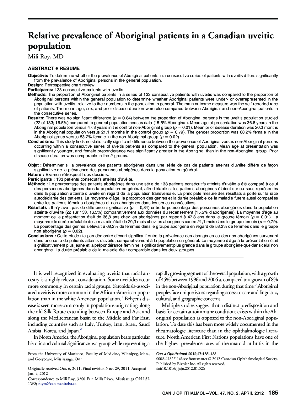 Relative prevalence of Aboriginal patients in a Canadian uveitic population