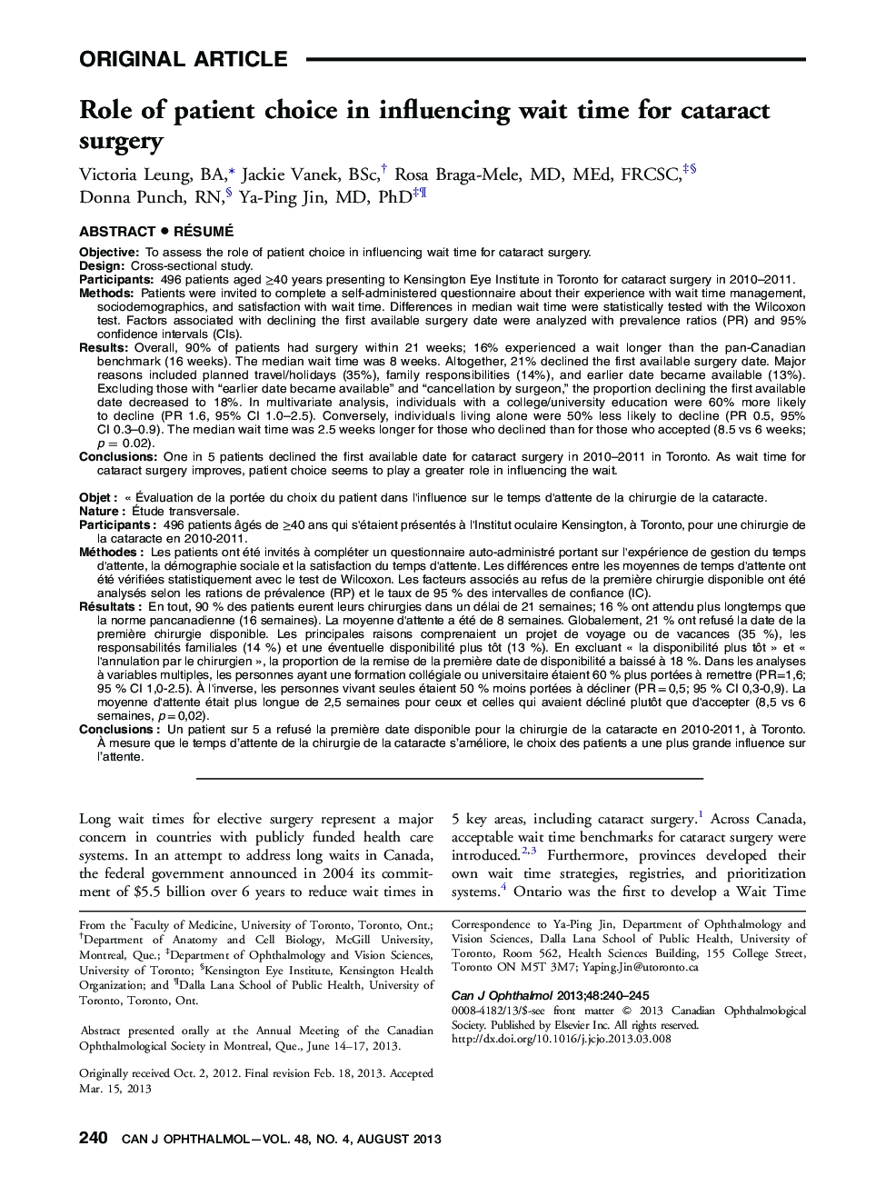 Role of patient choice in influencing wait time for cataract surgery