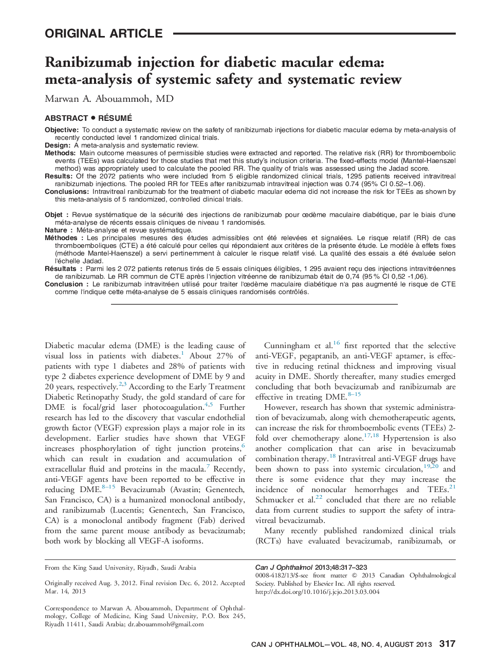 Ranibizumab injection for diabetic macular edema: meta-analysis of systemic safety and systematic review