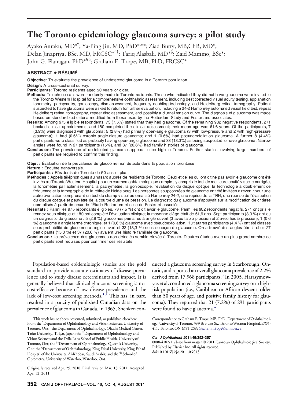 The Toronto epidemiology glaucoma survey: a pilot study 