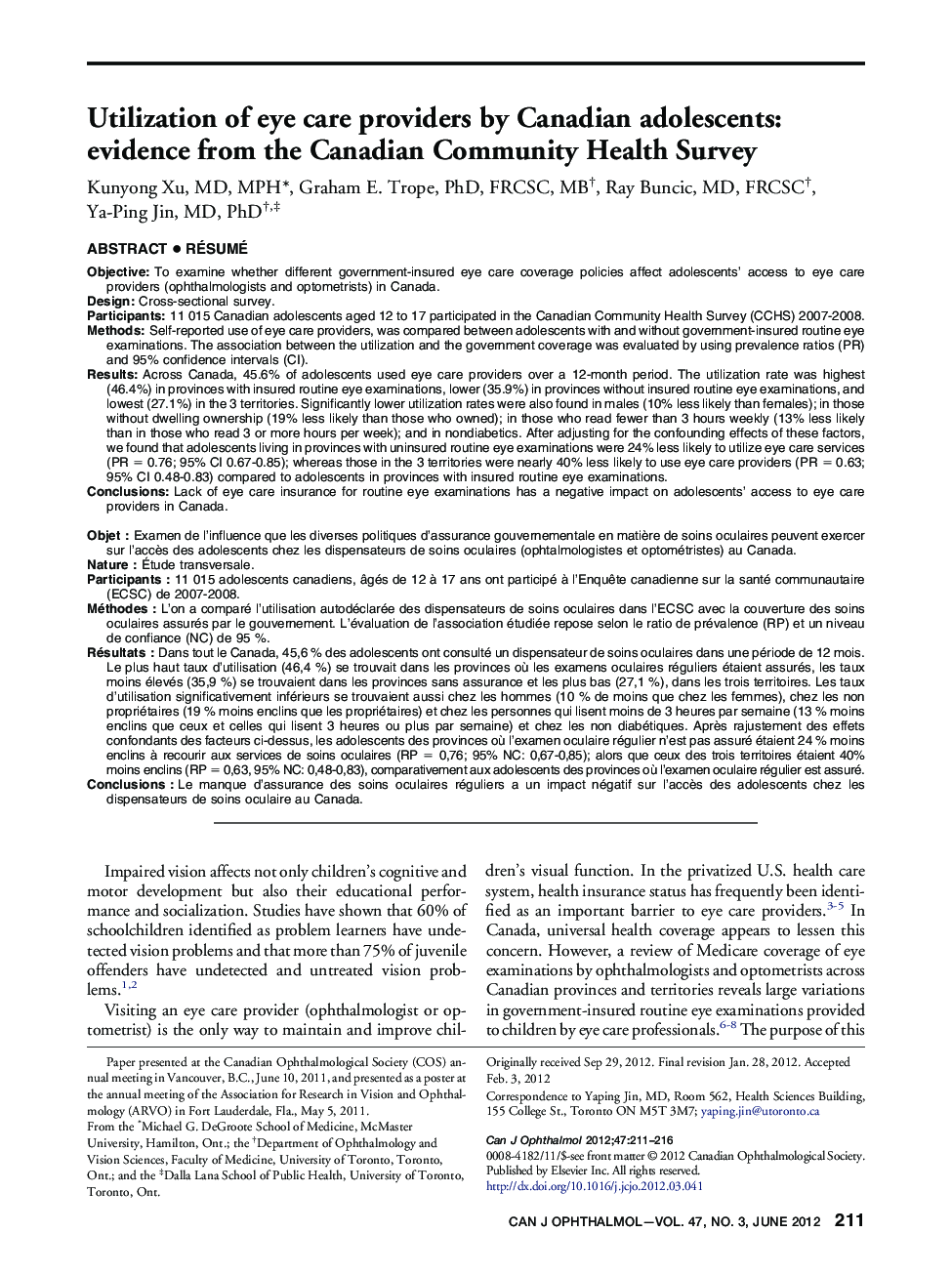 Utilization of eye care providers by Canadian adolescents: evidence from the Canadian Community Health Survey