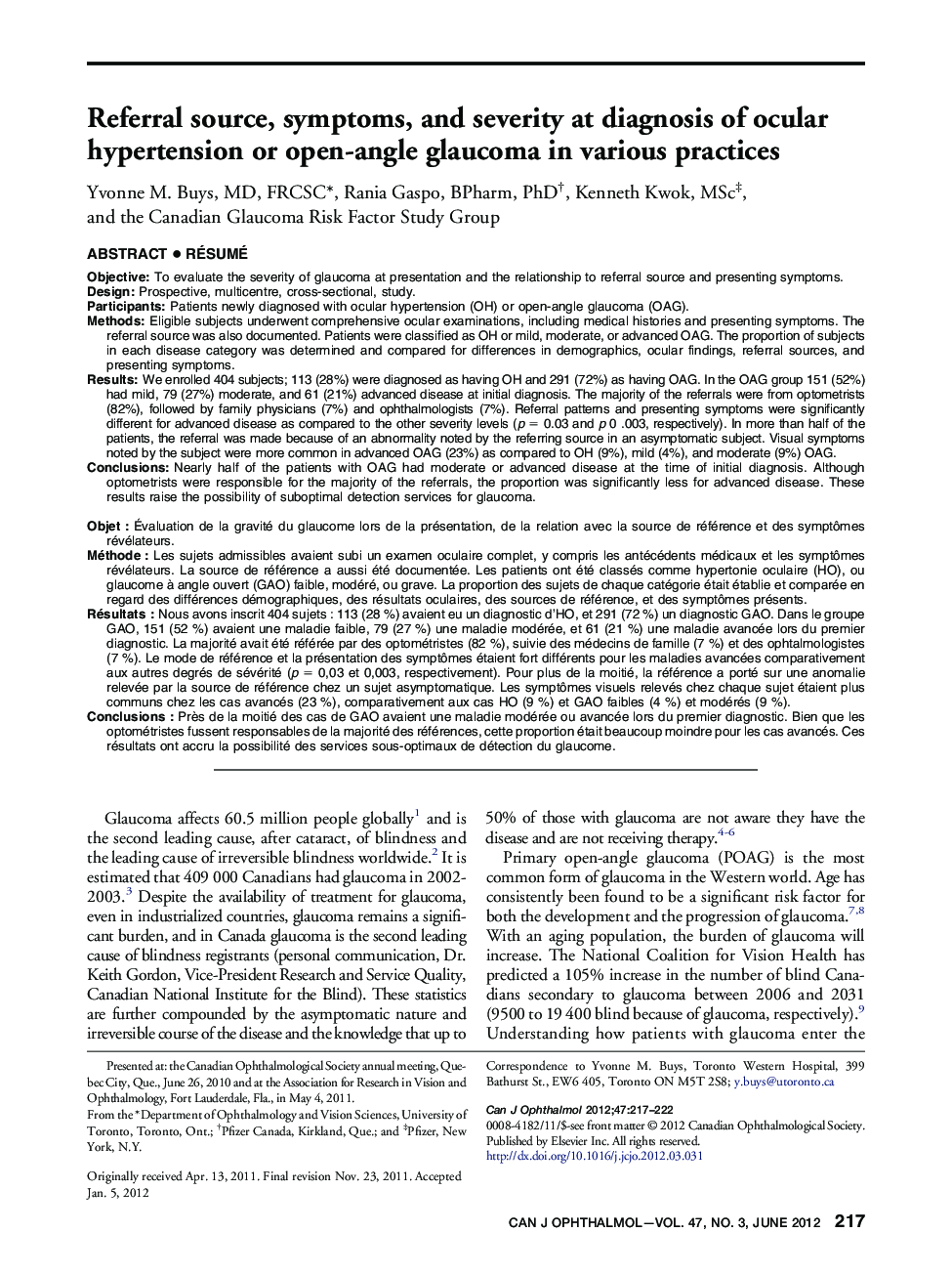 Referral source, symptoms, and severity at diagnosis of ocular hypertension or open-angle glaucoma in various practices