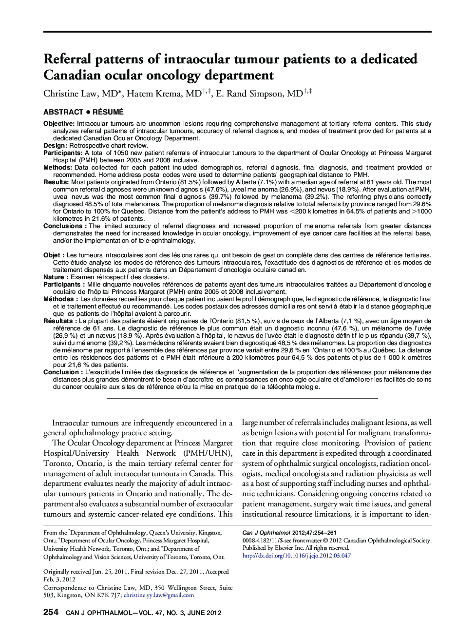 Referral patterns of intraocular tumour patients to a dedicated Canadian ocular oncology department