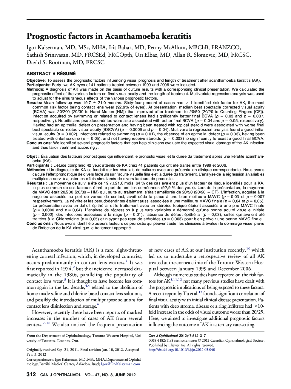 Prognostic factors in Acanthamoeba keratitis