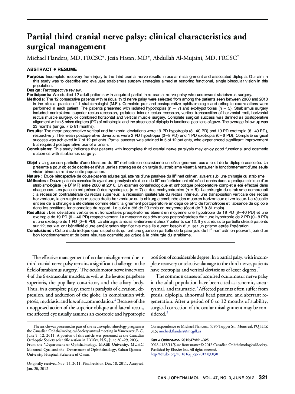 Partial third cranial nerve palsy: clinical characteristics and surgical management