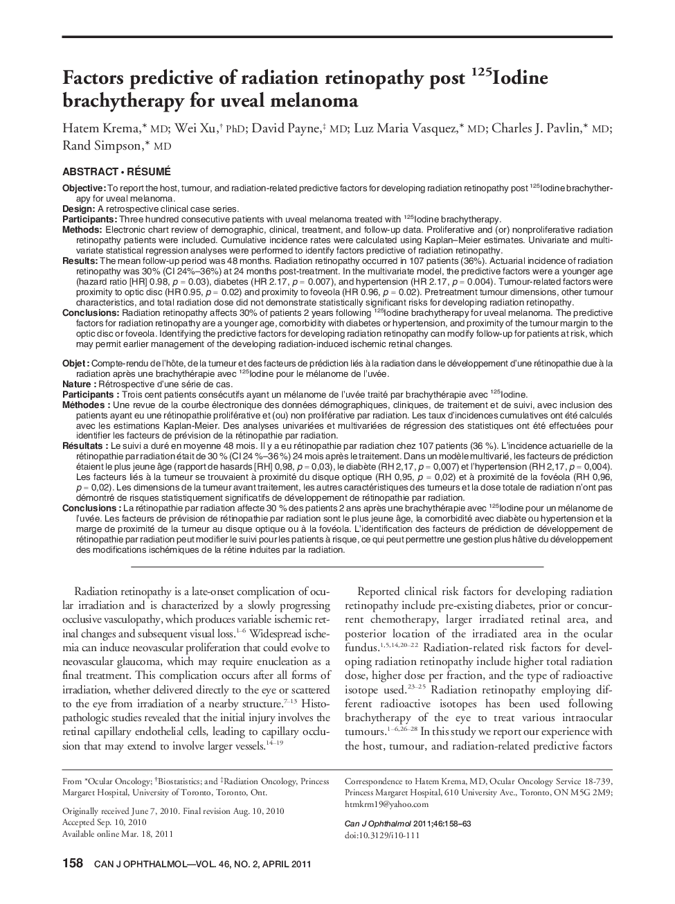 Factors predictive of radiation retinopathy post 125Iodine brachytherapy for uveal melanoma