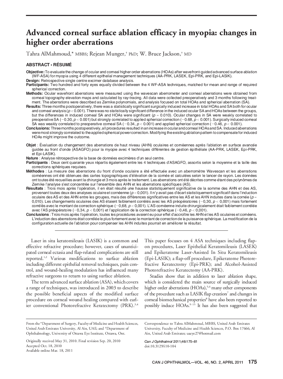 Advanced corneal surface ablation efficacy in myopia: changes in higher order aberrations