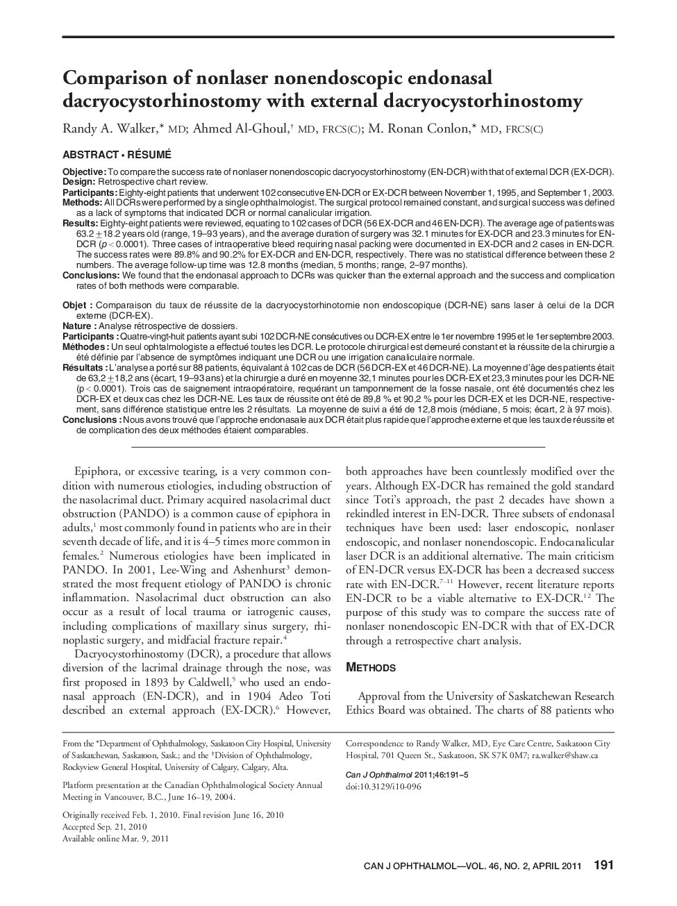Comparison of nonlaser nonendoscopic endonasal dacryocystorhinostomy with external dacryocystorhinostomy a