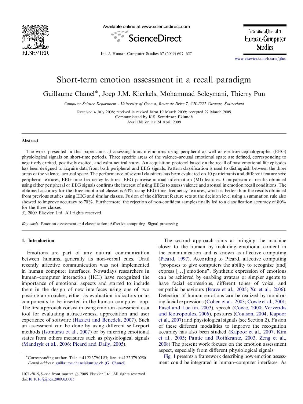 Short-term emotion assessment in a recall paradigm