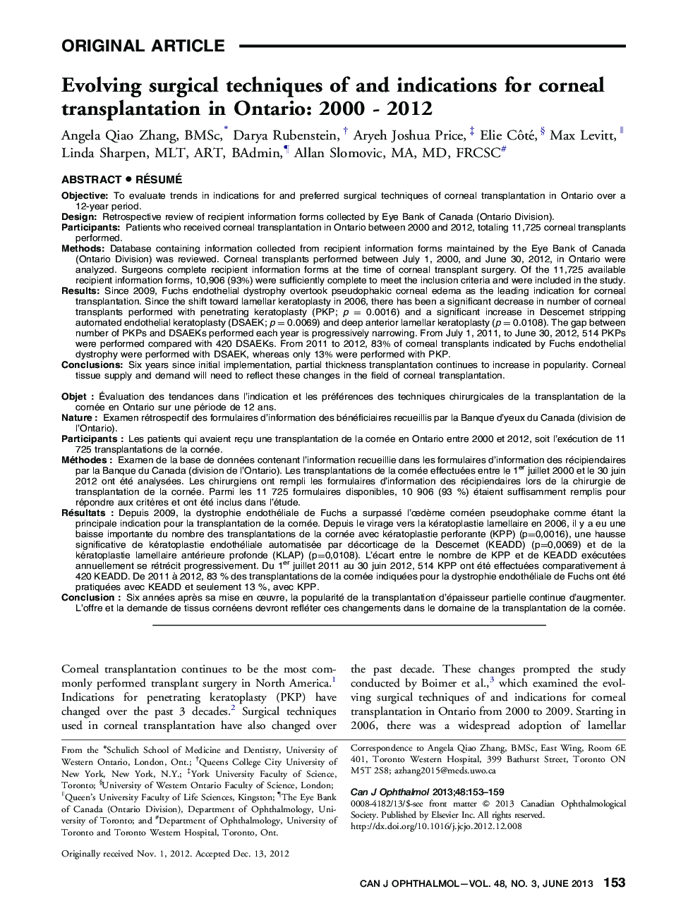 Evolving surgical techniques of and indications for corneal transplantation in Ontario: 2000 - 2012