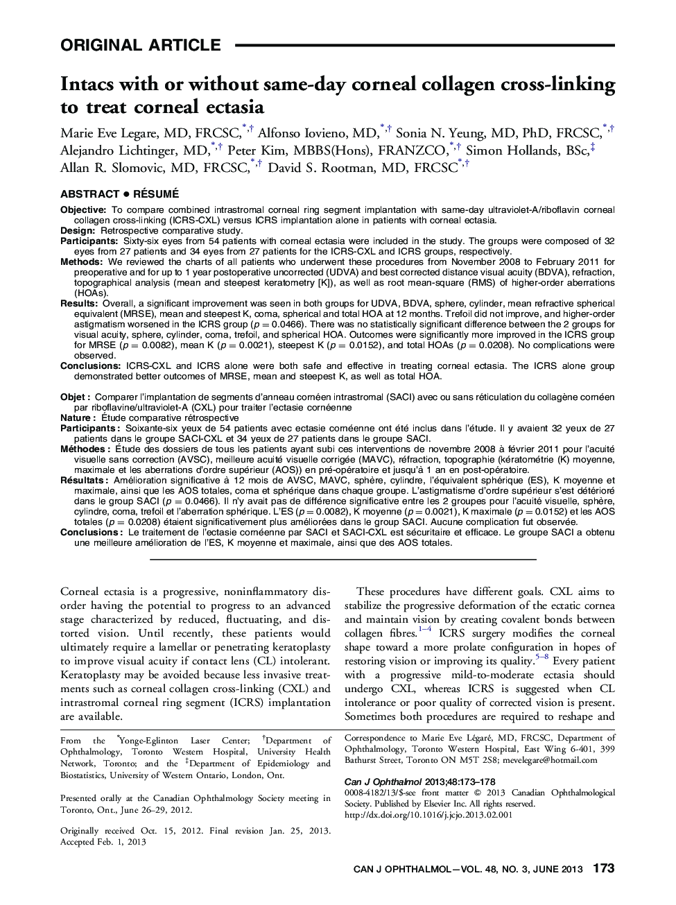 Intacs with or without same-day corneal collagen cross-linking to treat corneal ectasia 