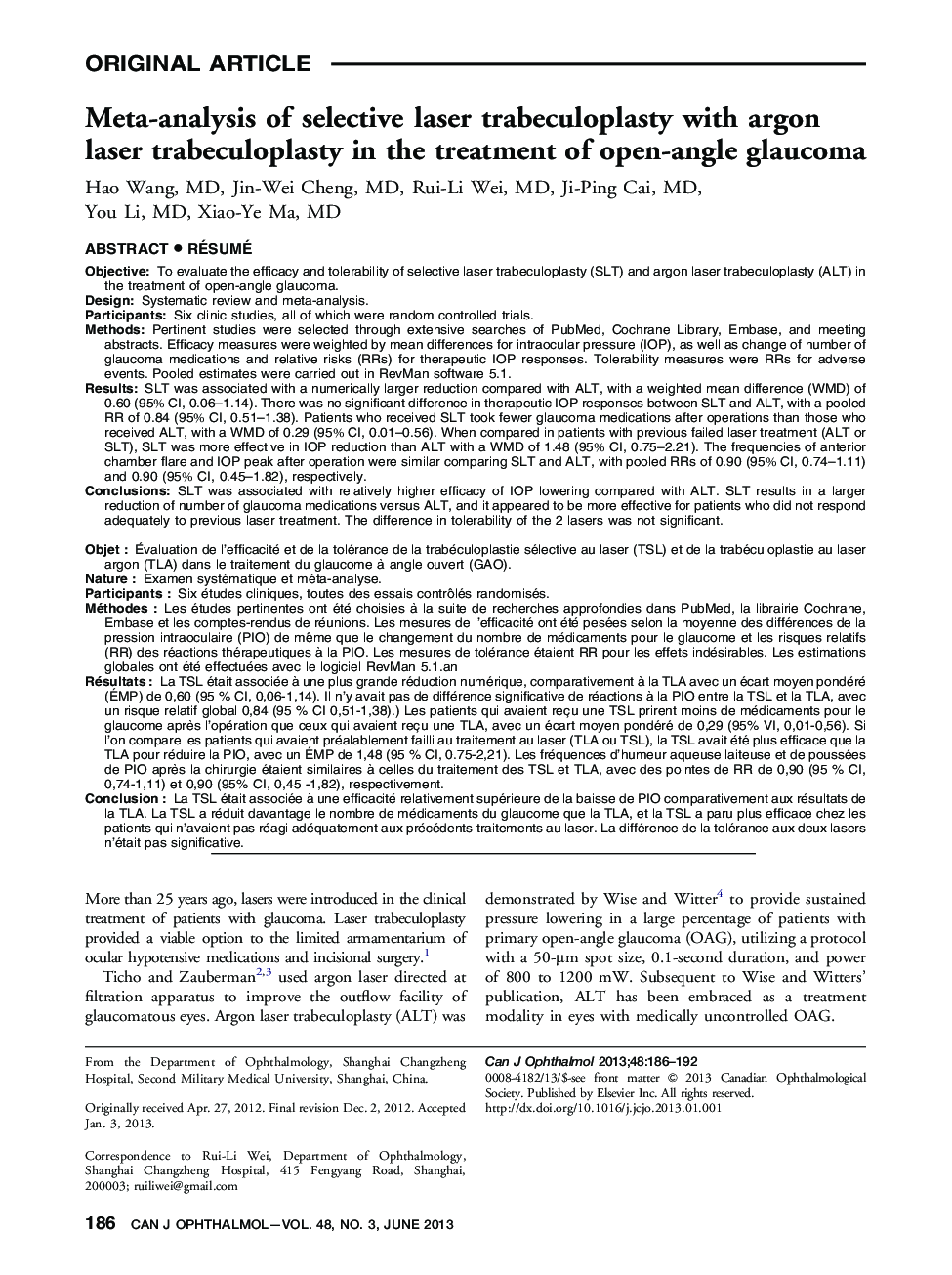 Meta-analysis of selective laser trabeculoplasty with argon laser trabeculoplasty in the treatment of open-angle glaucoma