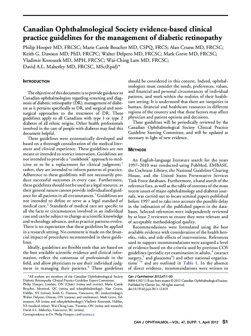 Canadian Ophthalmological Society evidence-based clinical practice guidelines for the management of diabetic retinopathy