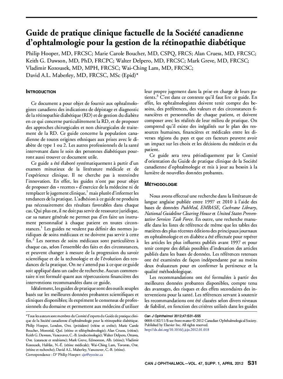 Guide de pratique clinique factuelle de la Société canadienne d'ophtalmologie pour la gestion de la rétinopathie diabétique