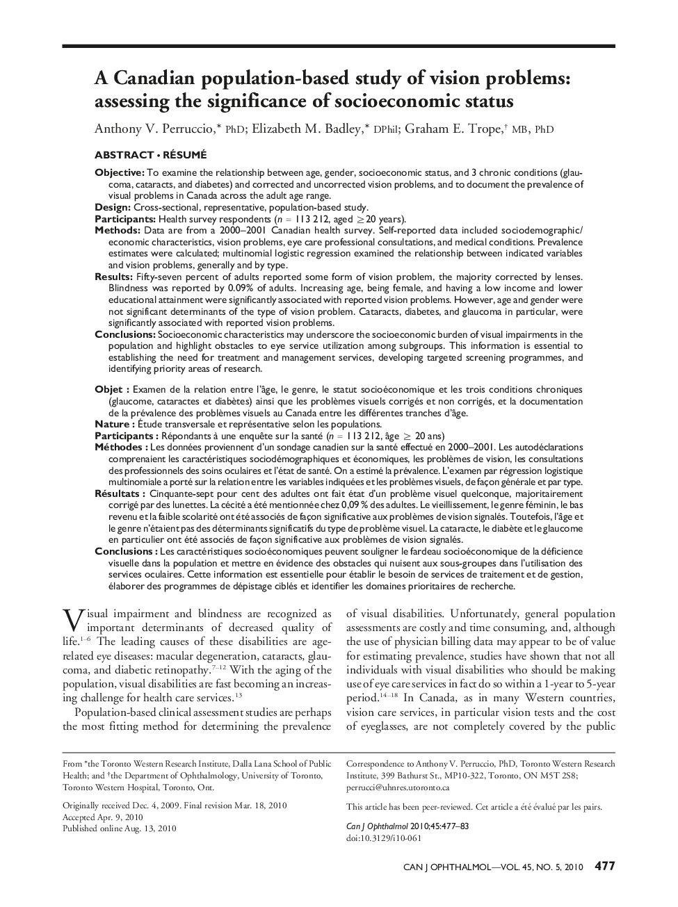 A Canadian population-based study of vision problems: Assessing the significance of socioeconomic status 