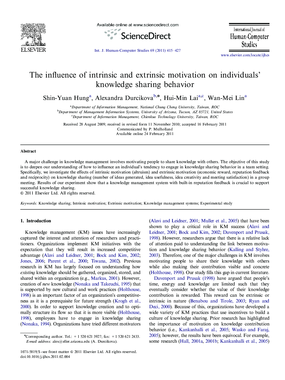 The influence of intrinsic and extrinsic motivation on individuals' knowledge sharing behavior