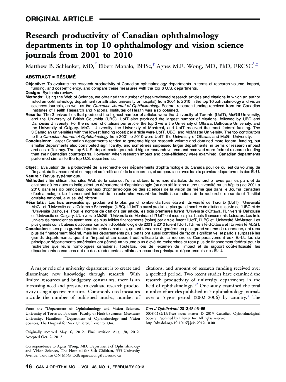 Research productivity of Canadian ophthalmology departments in top 10 ophthalmology and vision science journals from 2001 to 2010