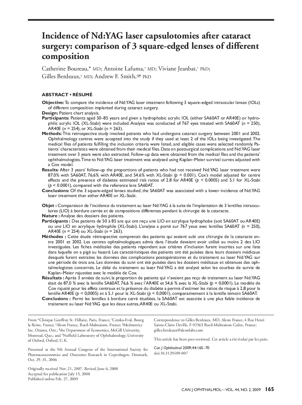 Incidence of Nd:YAG laser capsulotomies after cataract surgery: comparison of 3 square-edged lenses of different composition 12