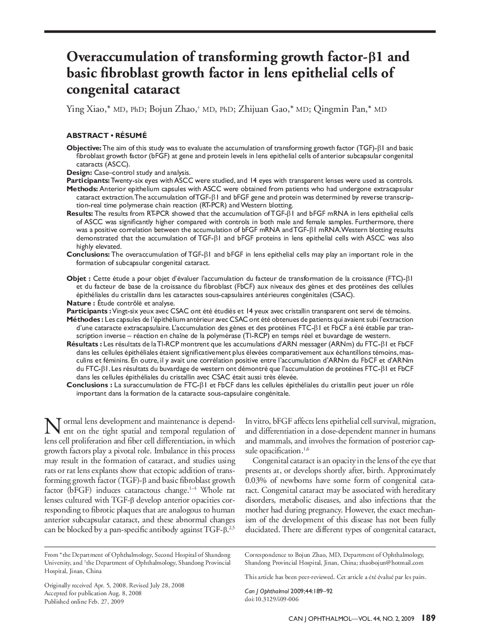 Overaccumulation of transforming growth factor-β1 and basic fibroblast growth factor in lens epithelial cells of congenital cataract 1
