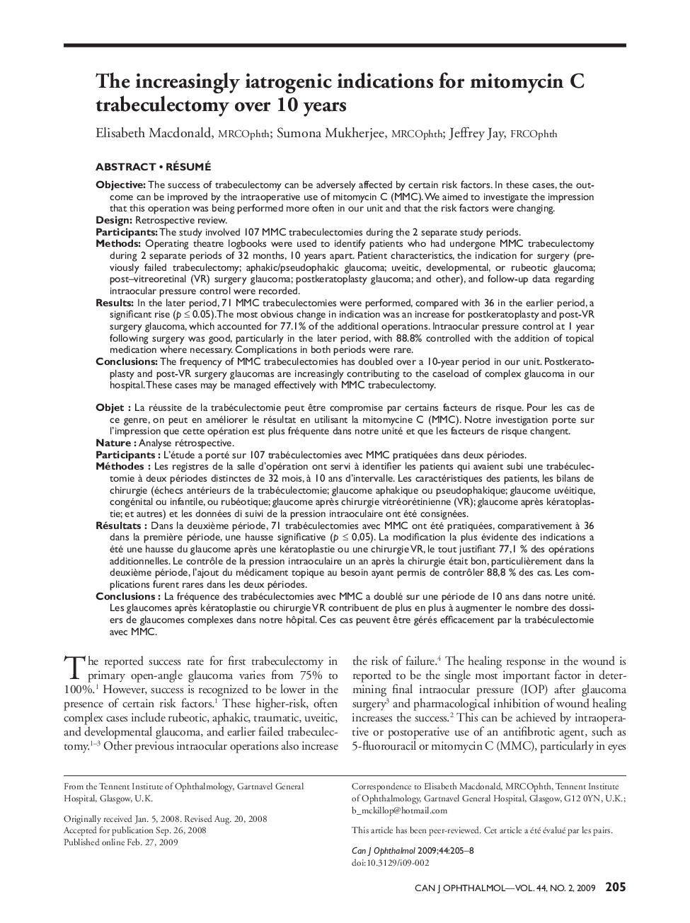 The increasingly iatrogenic indications for mitomycin C trabeculectomy over 10 years 1