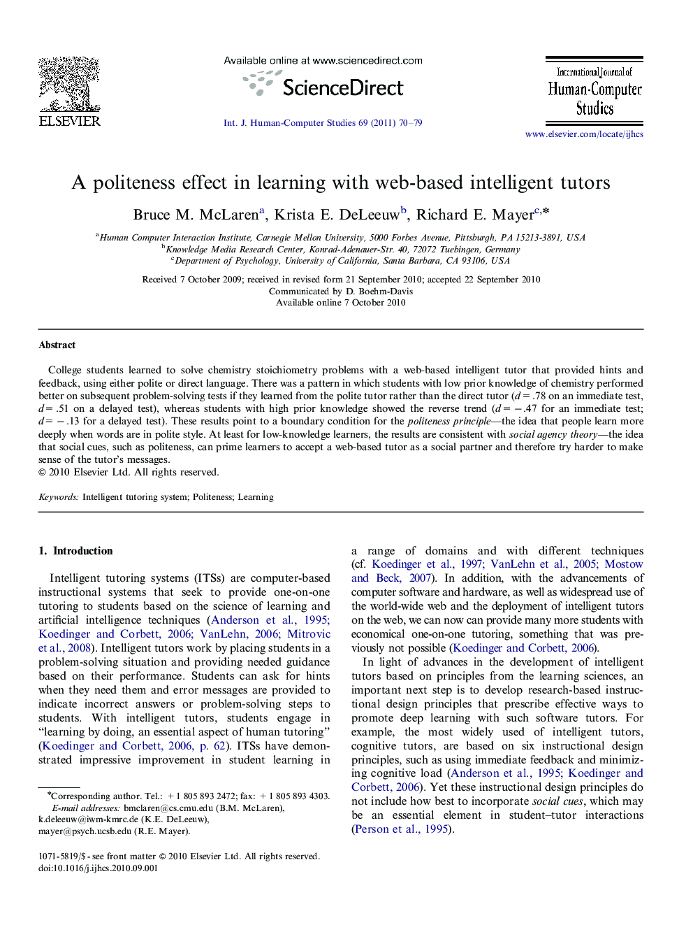 A politeness effect in learning with web-based intelligent tutors