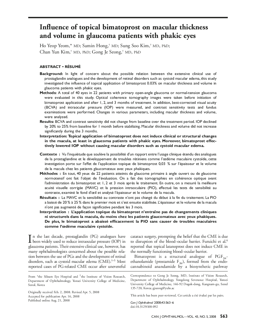 Influence of topical bimatoprost on macular thickness and volume in glaucoma patients with phakic eyes 1
