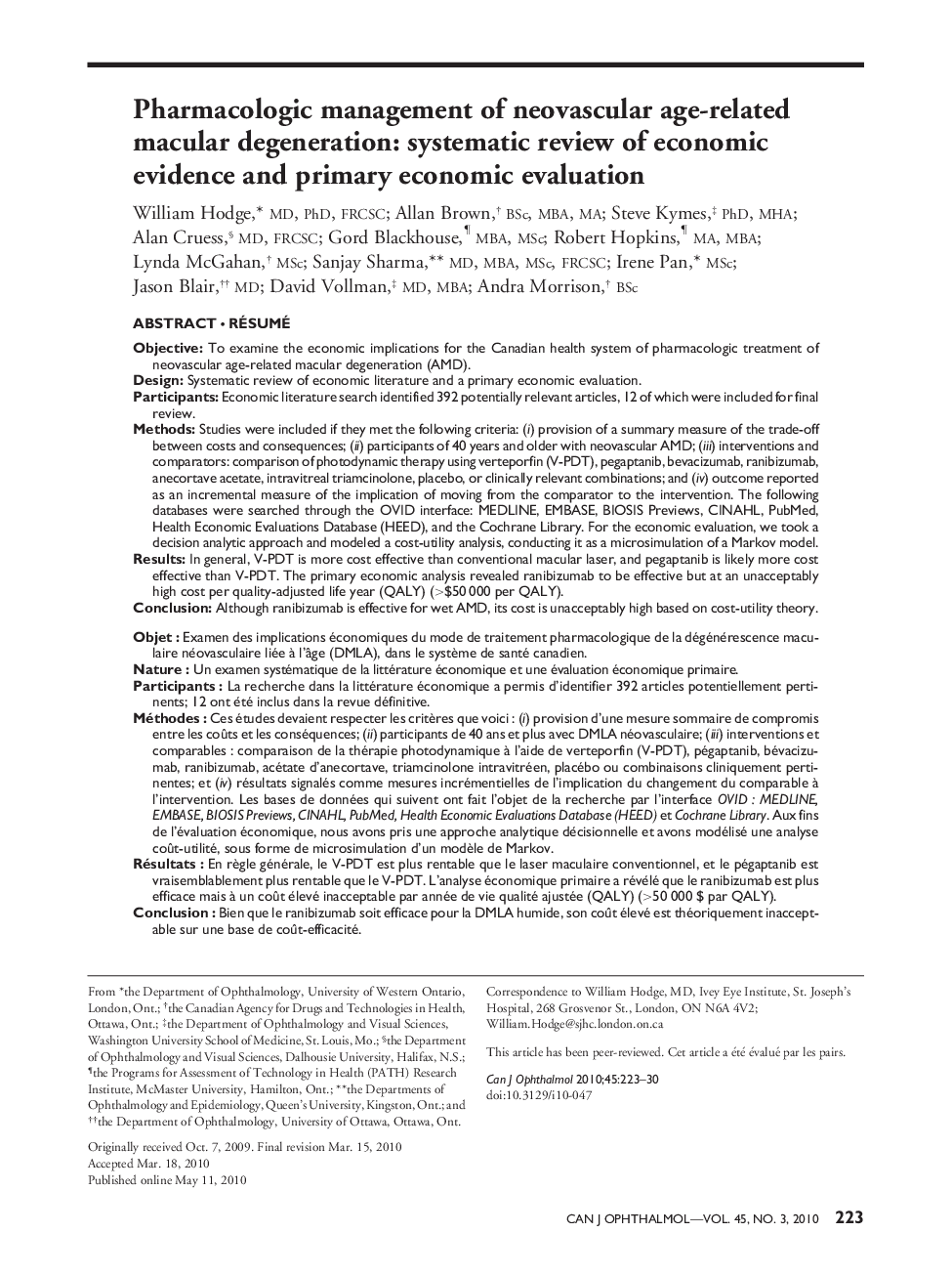 Pharmacologic management of neovascular age-related macular degeneration: systematic review of economic evidence and primary economic evaluation α