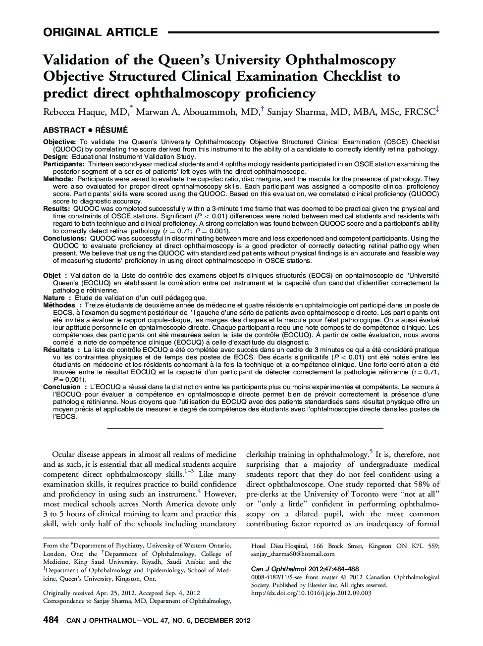 Validation of the Queen’s University Ophthalmoscopy Objective Structured Clinical Examination Checklist to predict direct ophthalmoscopy proficiency
