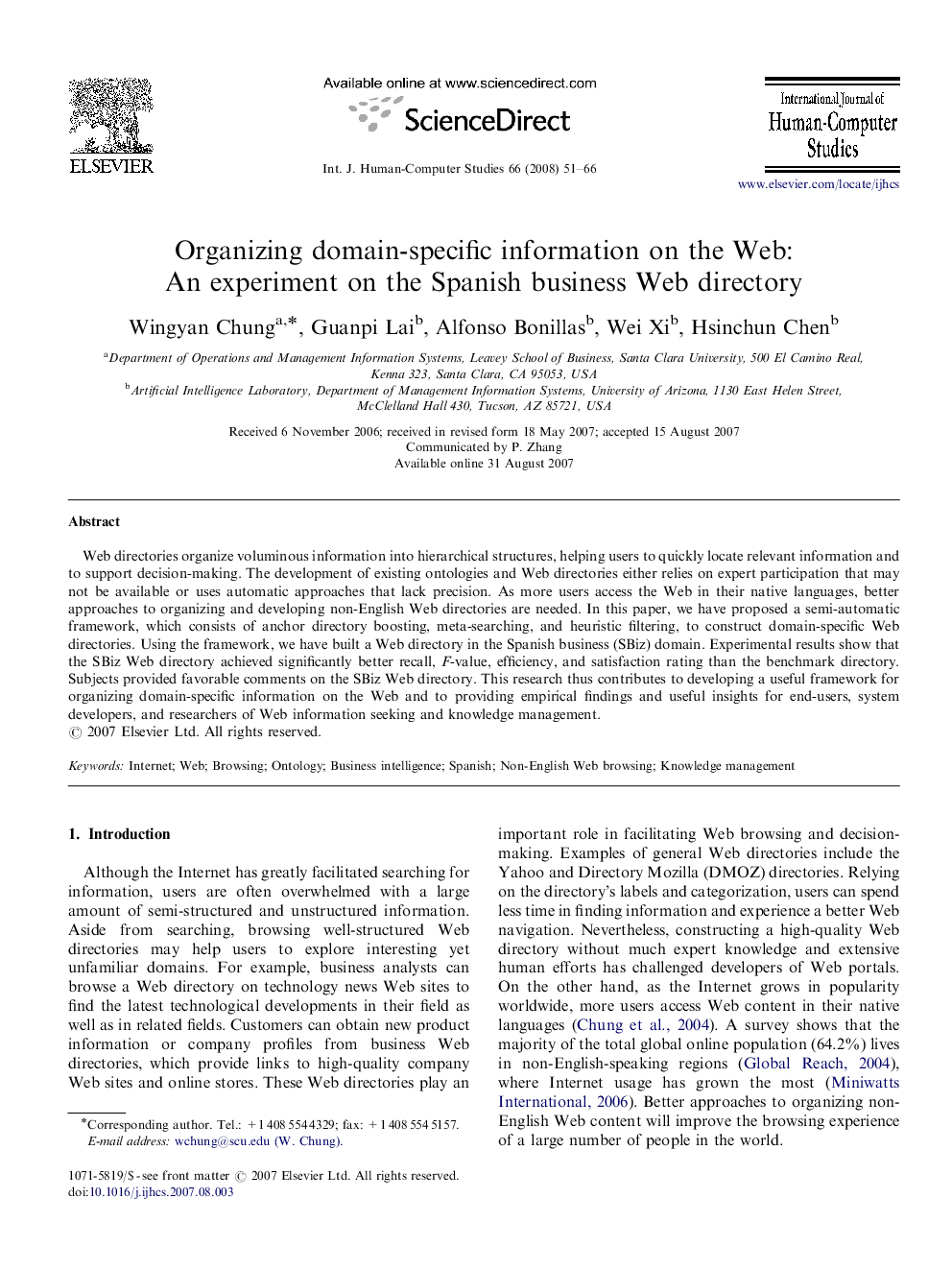 Organizing domain-specific information on the Web: An experiment on the Spanish business Web directory