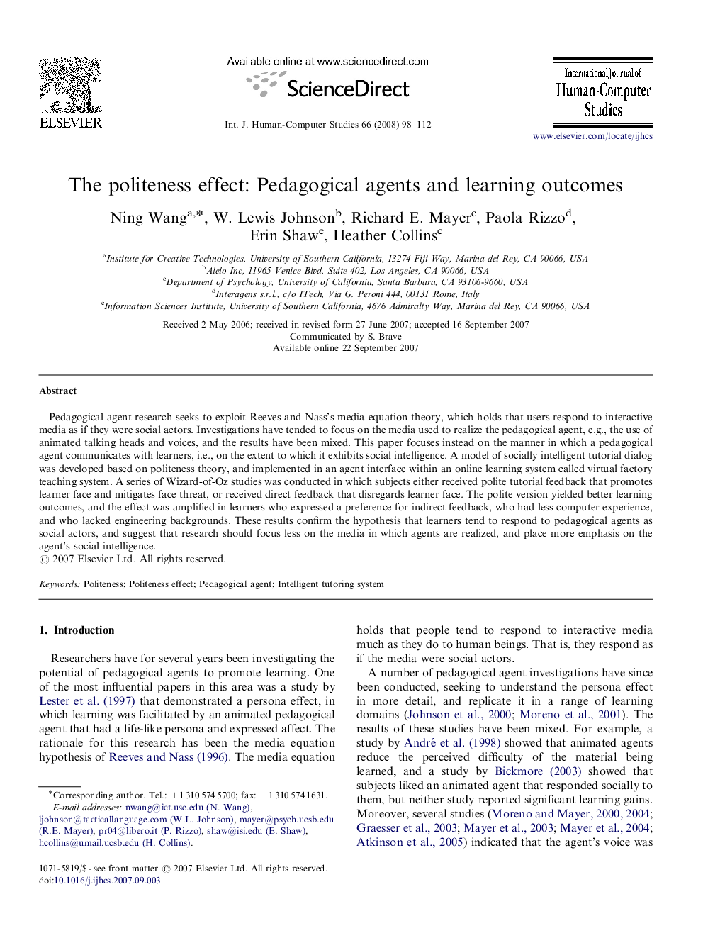 The politeness effect: Pedagogical agents and learning outcomes