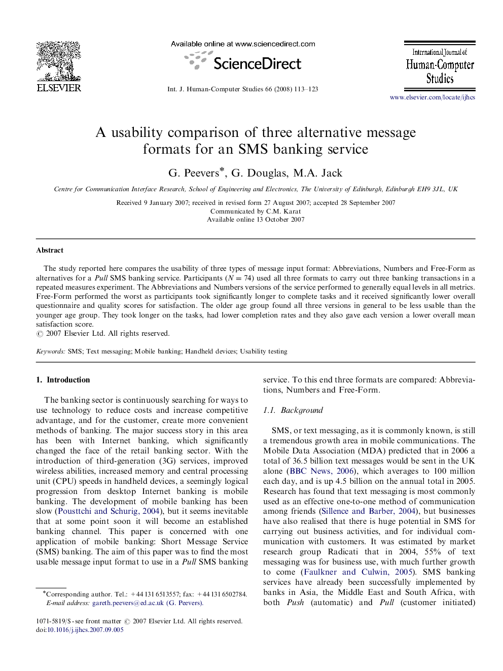 A usability comparison of three alternative message formats for an SMS banking service