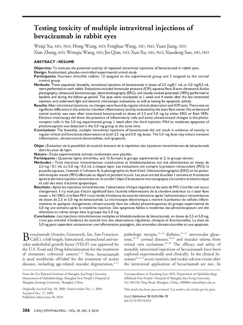 Testing toxicity of multiple intravitreal injections of bevacizumab in rabbit eyes *