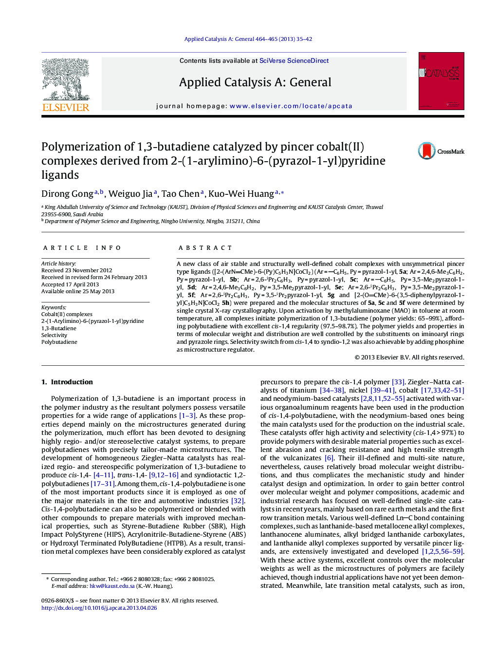 Polymerization of 1,3-butadiene catalyzed by pincer cobalt(II) complexes derived from 2-(1-arylimino)-6-(pyrazol-1-yl)pyridine ligands