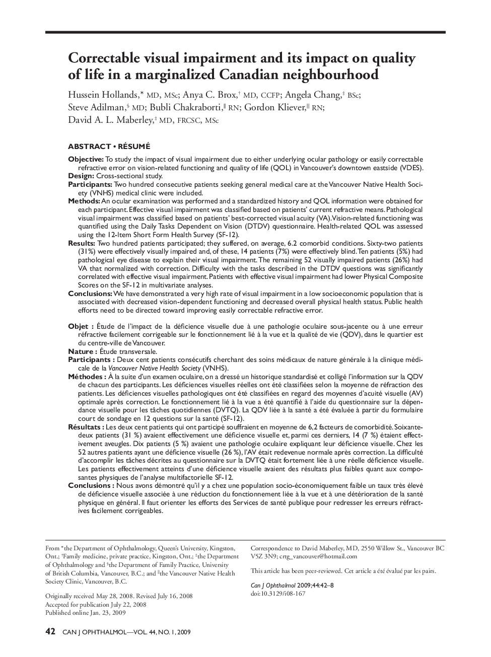 Correctable visual impairment and its impact on quality of life in a marginalized Canadian neighbourhood a