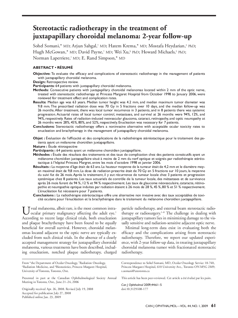 Stereotactic radiotherapy in the treatment of juxtapapillary choroidal melanoma: 2-year follow-up ab