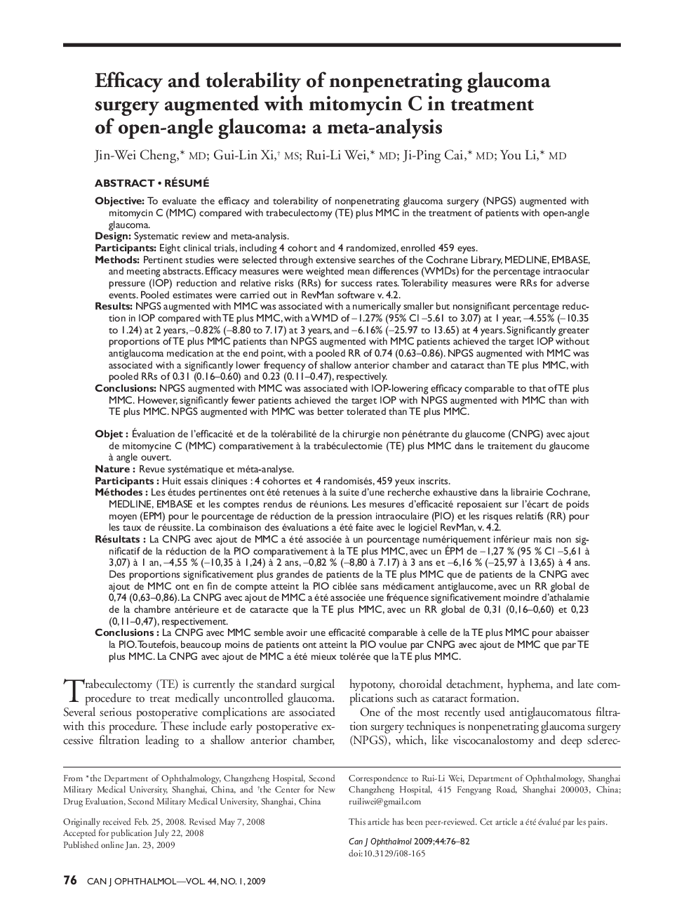 Efficacy and tolerability of nonpenetrating glaucoma surgery augmented with mitomycin C in treatment of open-angle glaucoma: a meta-analysis a