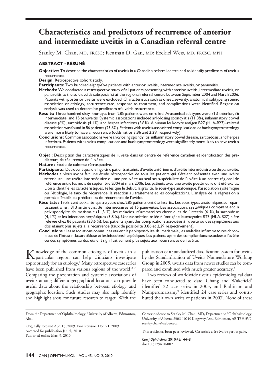 Characteristics and predictors of recurrence of anterior and intermediate uveitis in a Canadian referral centre 1