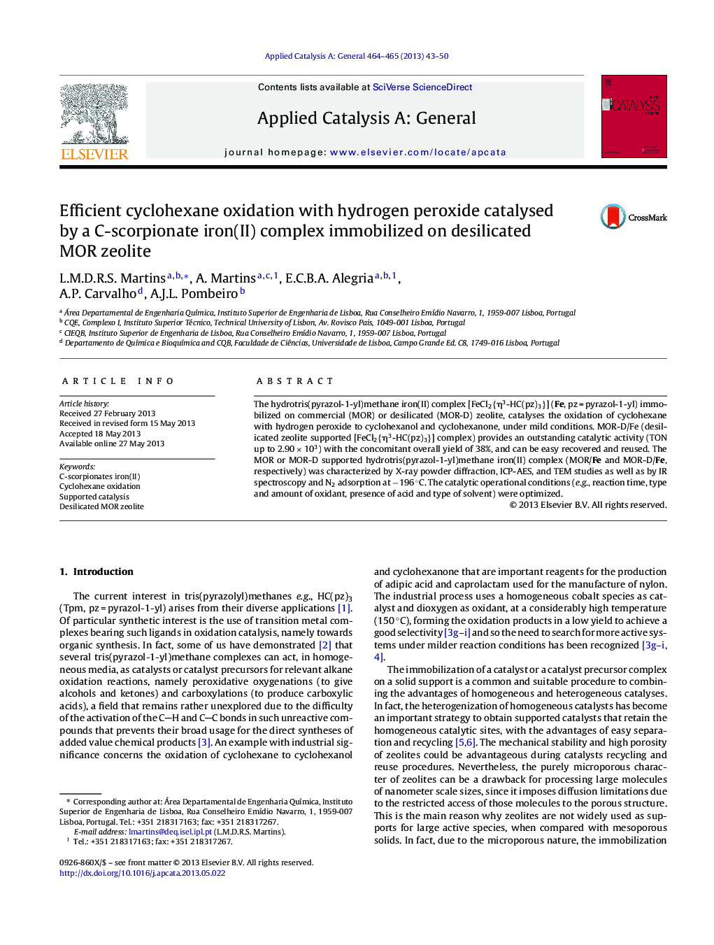 Efficient cyclohexane oxidation with hydrogen peroxide catalysed by a C-scorpionate iron(II) complex immobilized on desilicated MOR zeolite