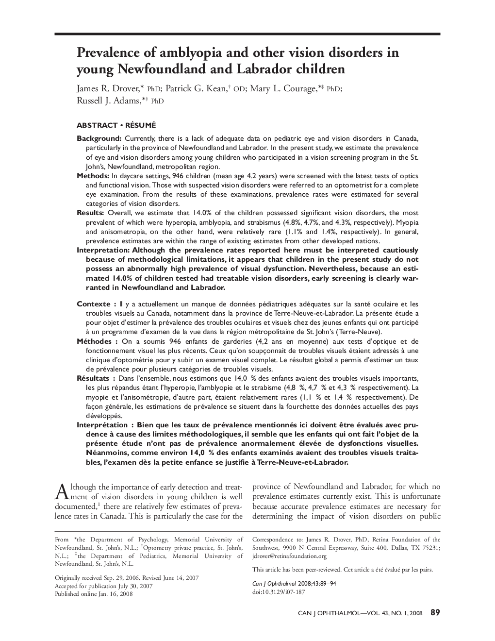 Prevalence of amblyopia and other vision disorders in young Newfoundland and Labrador children 1
