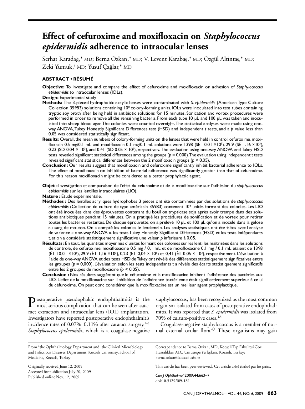 Effect of cefuroxime and moxifloxacin on Staphylococcus epidermidis adherence to intraocular lenses a