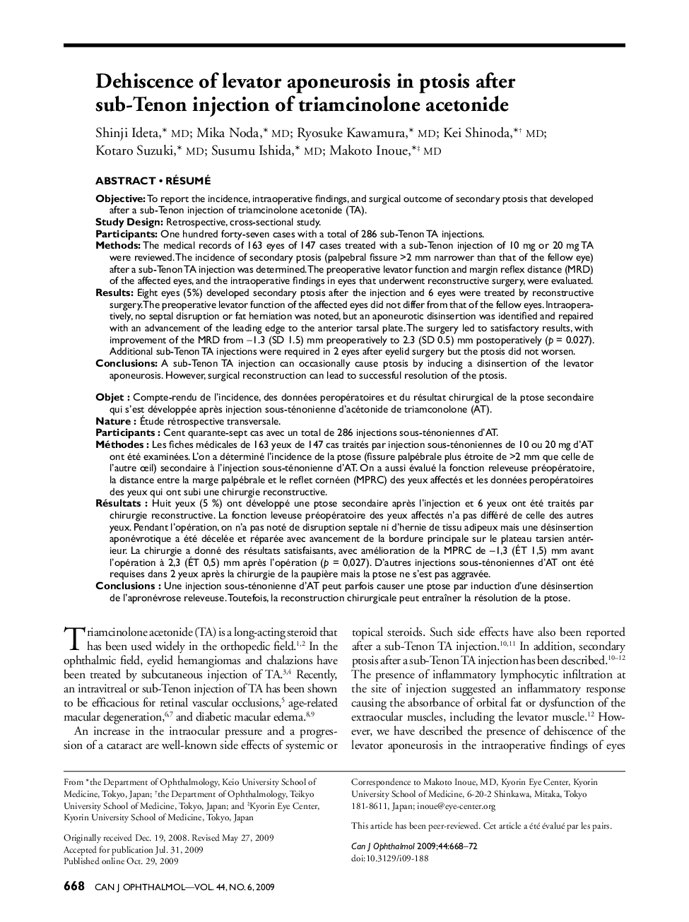 Dehiscence of levator aponeurosis in ptosis after sub-Tenon injection of triamcinolone acetonide 1