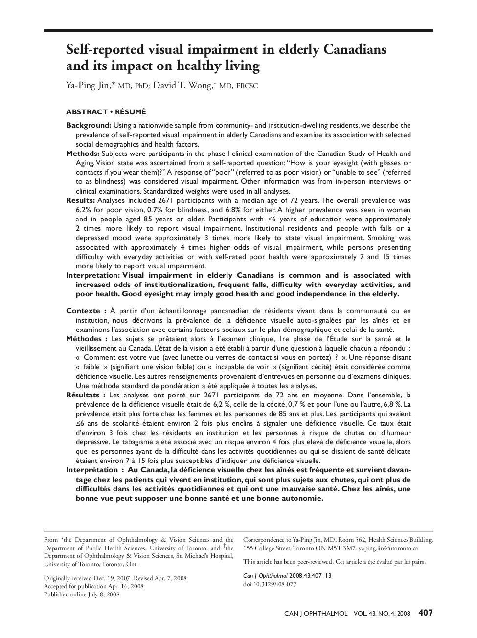 Self-reported visual impairment in elderly Canadians and its impact on healthy living 1