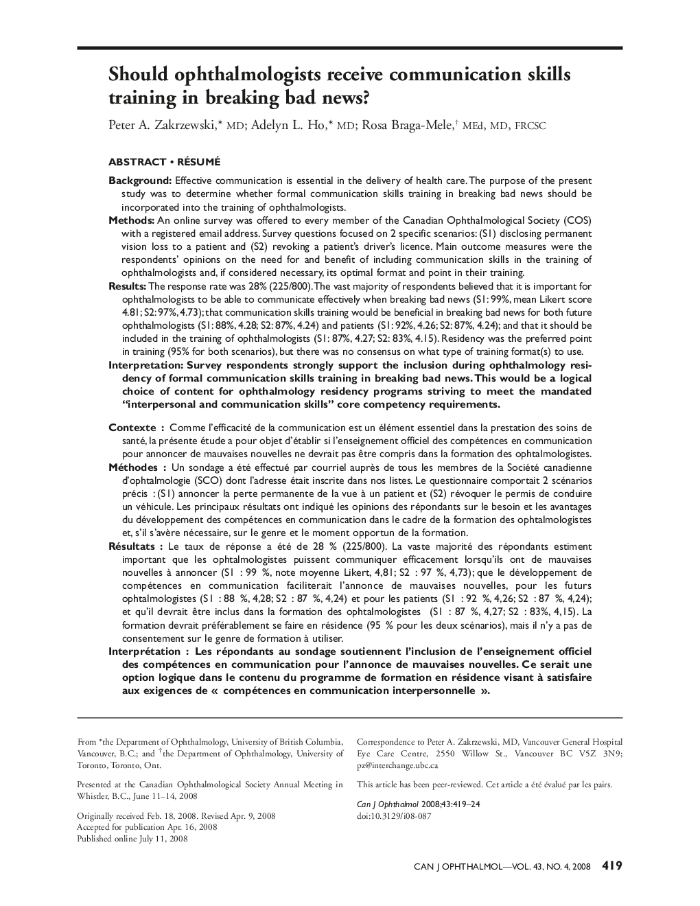 Should ophthalmologists receive communication skills training in breaking bad news? ab